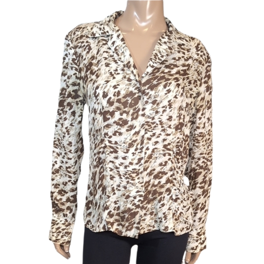 Liz Claiborne 100% Silk Blouse Abstract Animal Print Brown Tan Womens Size 10